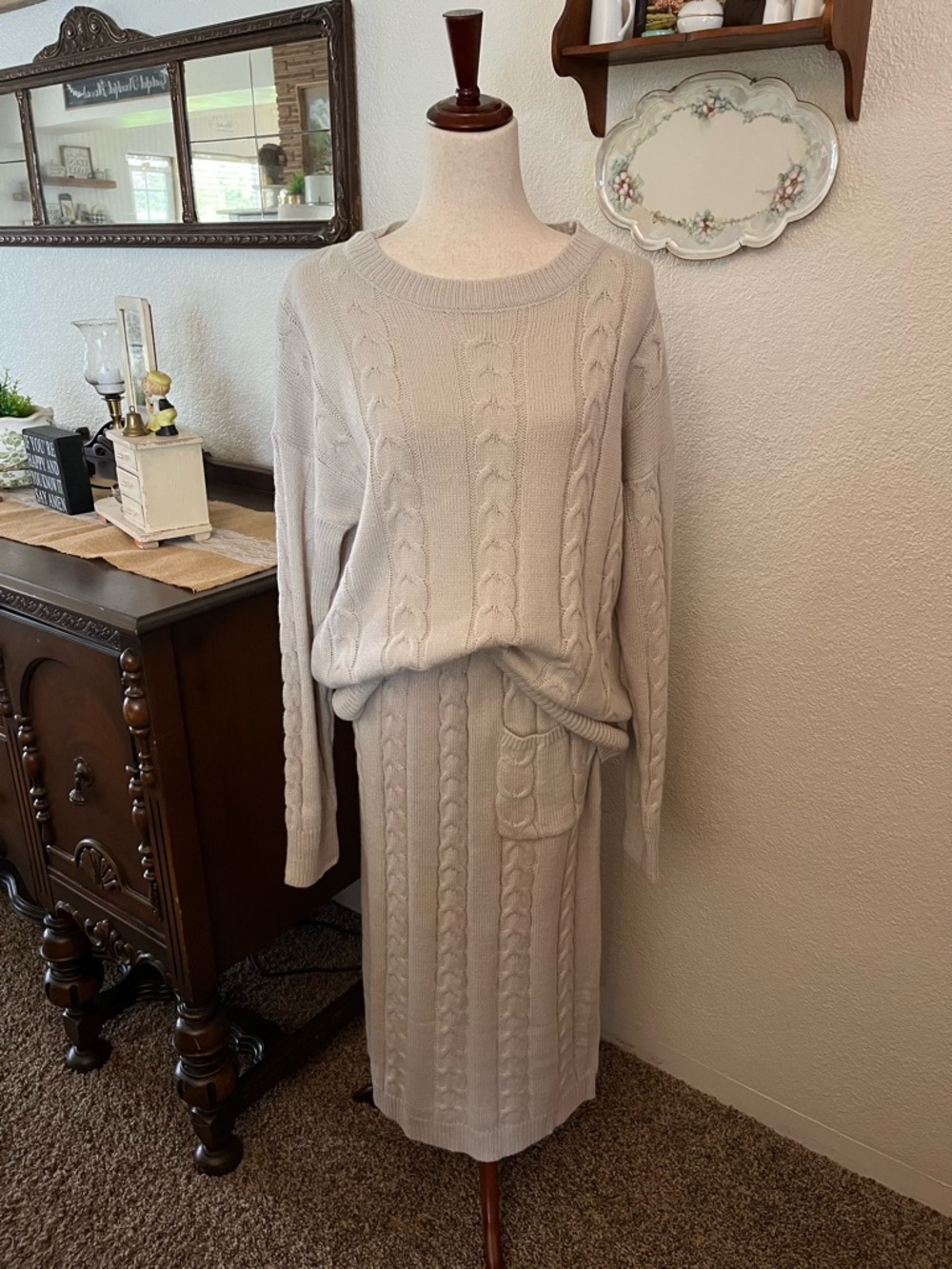 Beige Cable-Knit Skirt Set - Sweater & Midi Skirt XL